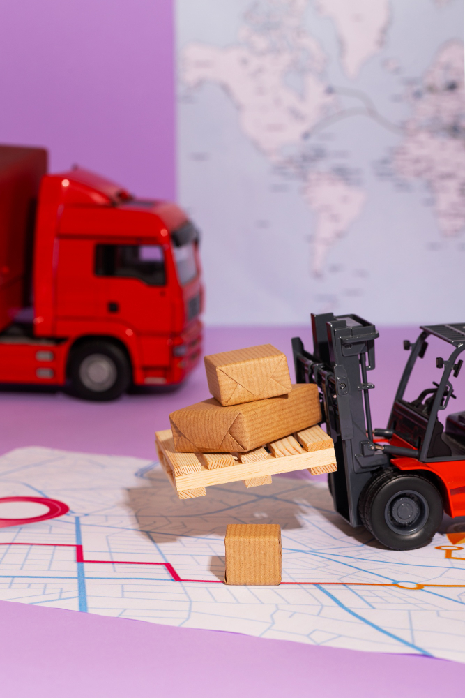 Miniature logistics scene with a red delivery truck, forklift carrying wooden packages, and route map representing freight transportation and fulfilment
