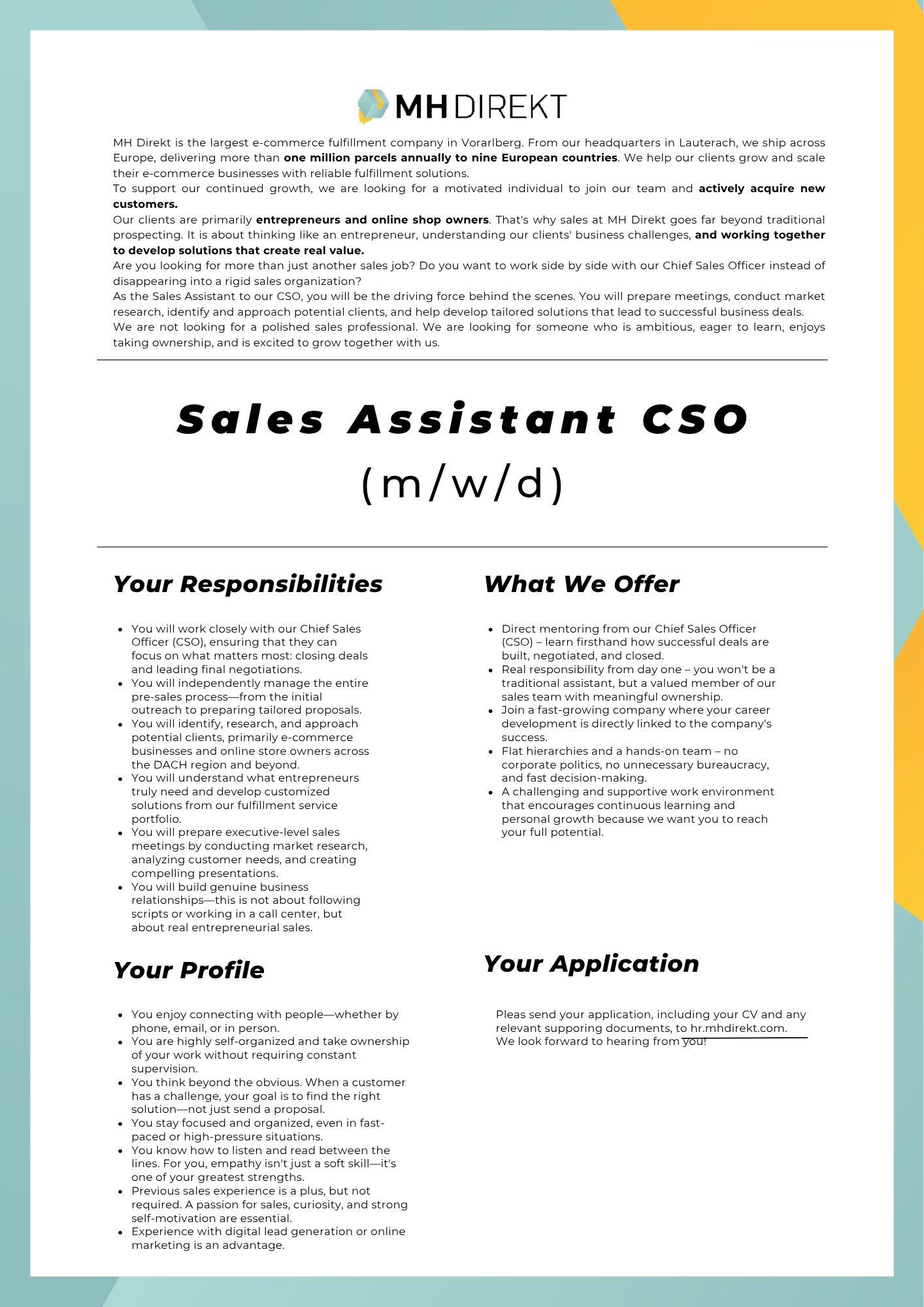 MH Direkt Sales Assistant CSO job vacancy page showing responsibilities, profile requirements, and application details