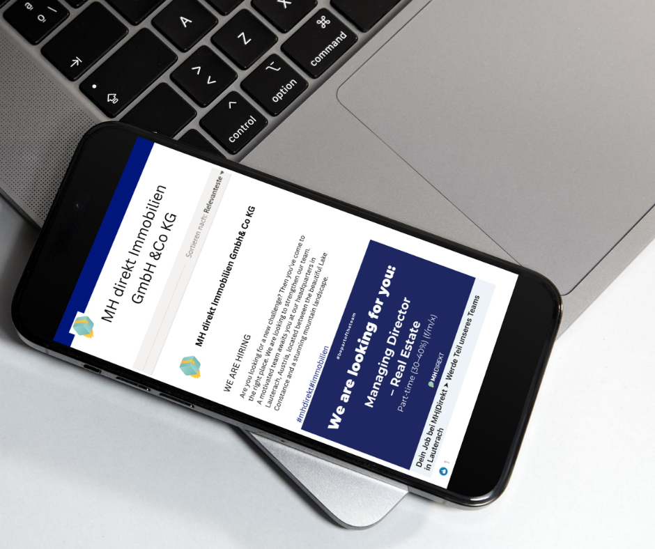 MH Direkt company profile and recruitment information displayed on a smartphone screen